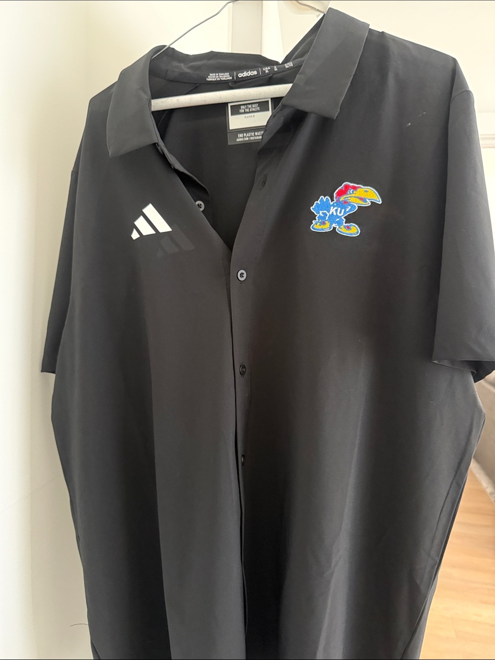 adidas Black Short-Sleeve Button Shirt with Kansas Jayhawks Logo